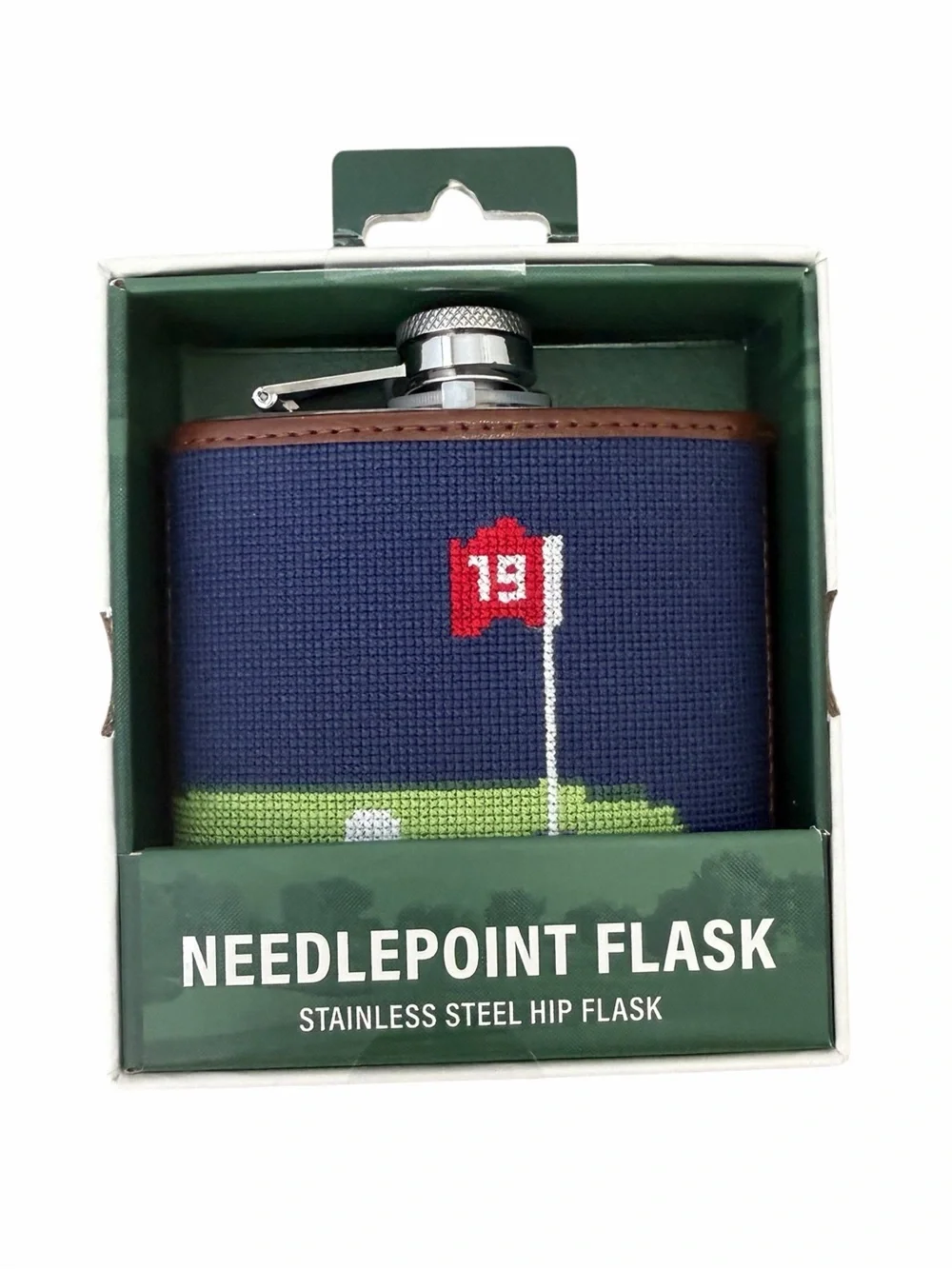 Needlepoint Hip Flask in Navy with Red Flag Detail